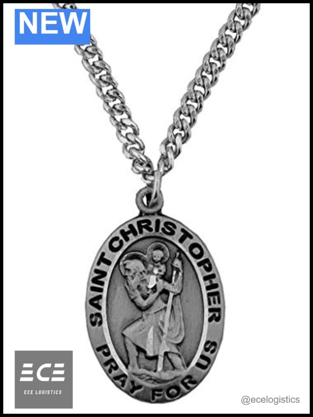 Saint Christopher Medal Pewter 24" Heavy Steel Chain Necklace